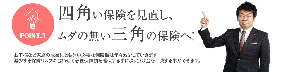 
			POINT.1四角い保険を見直し、ムダの無い三角の保険へ！
			お子様など家族の成長にともない必要な保障額は年々減少していきます。
			減少する保障リスクに合わせて必要保障額を確保する事により掛け金を半減する事ができます。
		